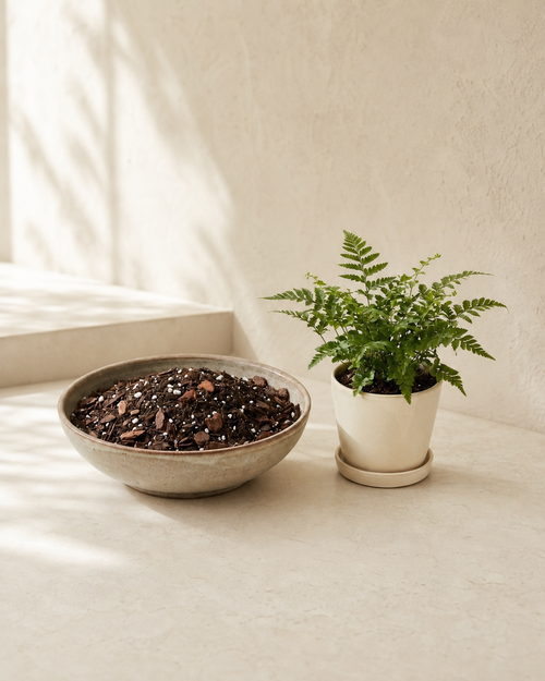 Aerify soil blend displayed with a small potted fern in a warm limestone studio.