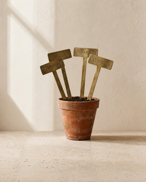 Four aged brass plant markers arranged in a weathered terracotta pot.