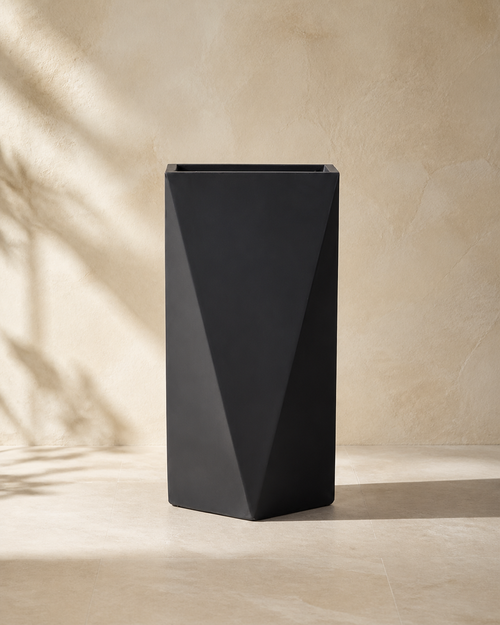 Black angular faceted cement planter in a warm limestone interior.