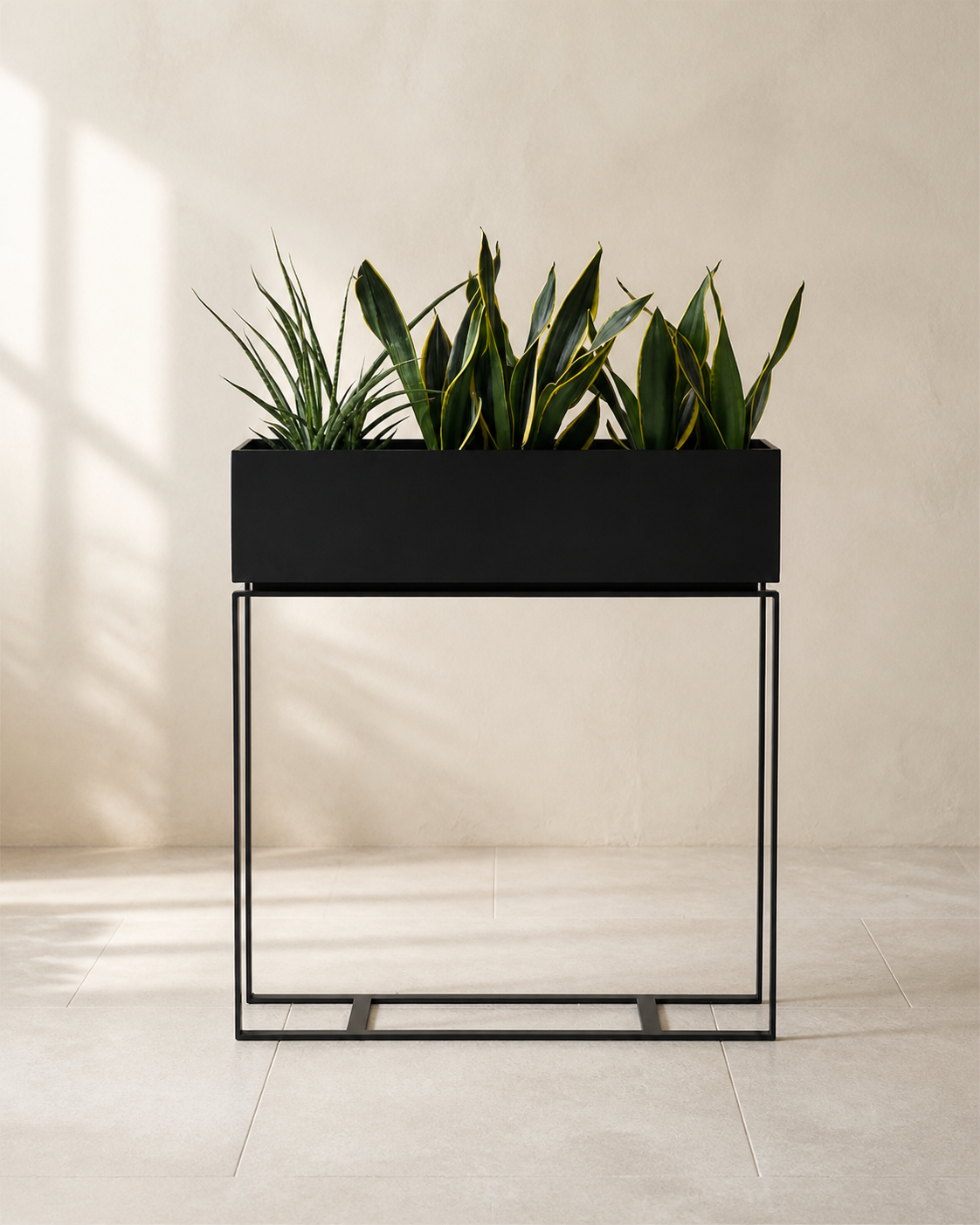 Baros black metal raised planter with architectural foliage.