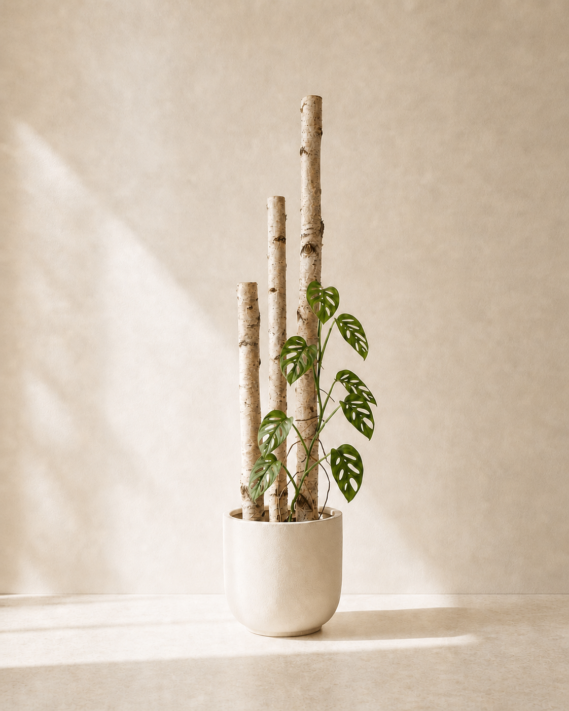 Three natural birch poles with a climbing vine in a warm white planter.