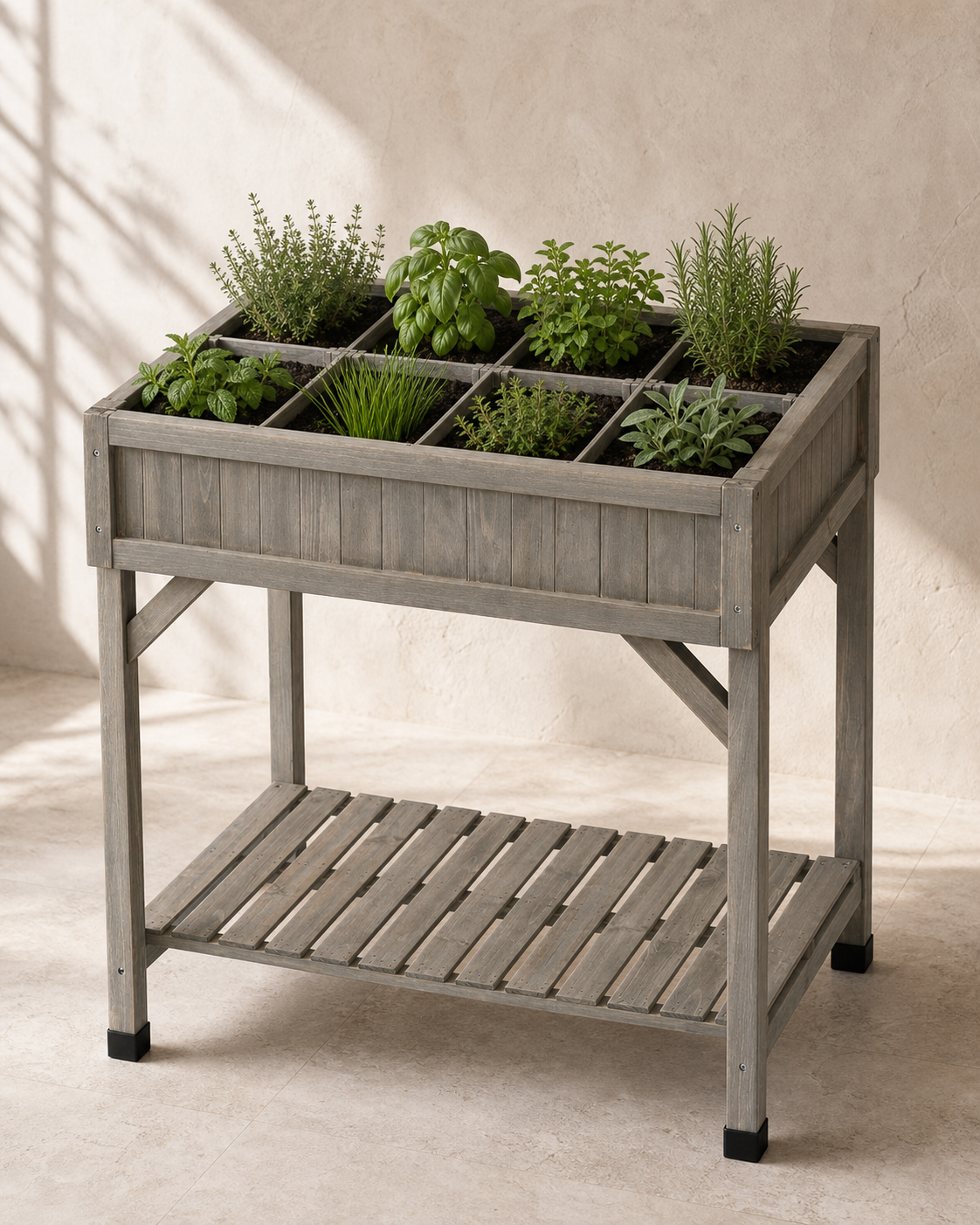 Cedar eight-pocket herb garden bed planted with culinary herbs.