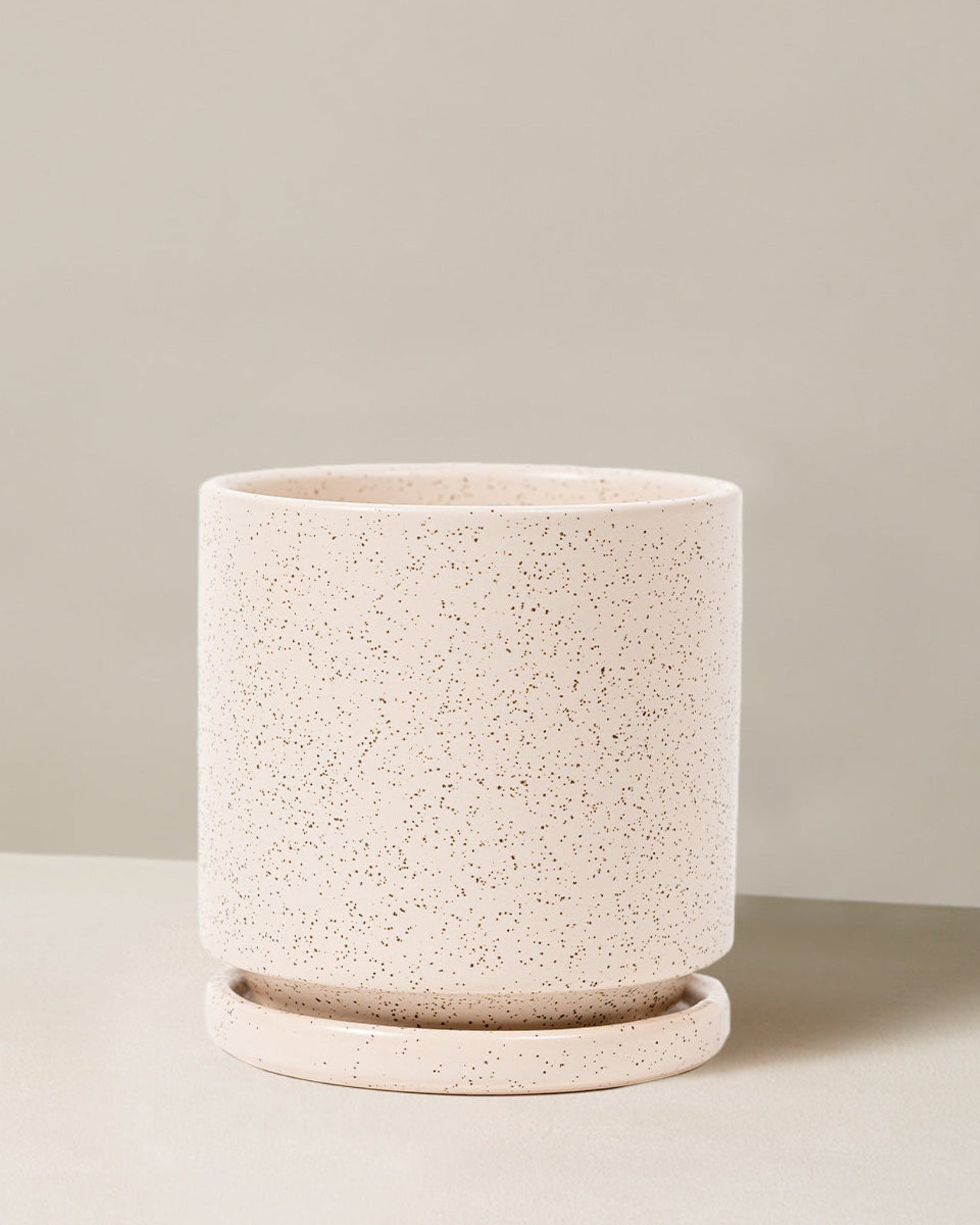 Speckled beige ceramic planter with saucer on a neutral background